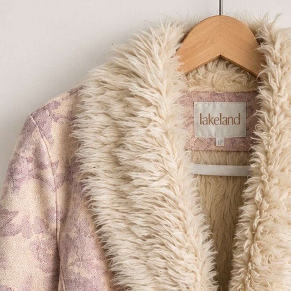 Vintage Lakeland Penny Lane Coat Vegan Suede Brocade Faux Fur Pink Ivory 12 - Picture 6 of 9